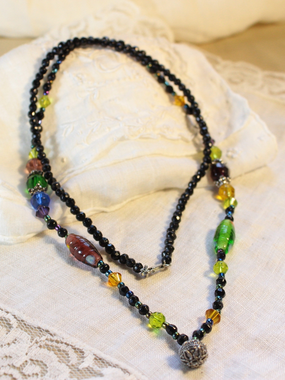 Y2K Boho Earth Tone Glass Beaded Statement Necklace Black Green Amber